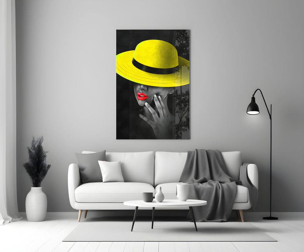 Yellow Hat close-up showing woman in wide-brim yellow hat with crimson lips