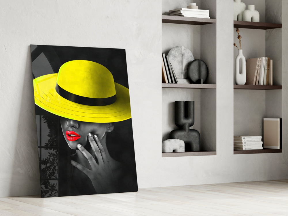 Yellow Hat glass print enhancing a hallway with cinematic warmth