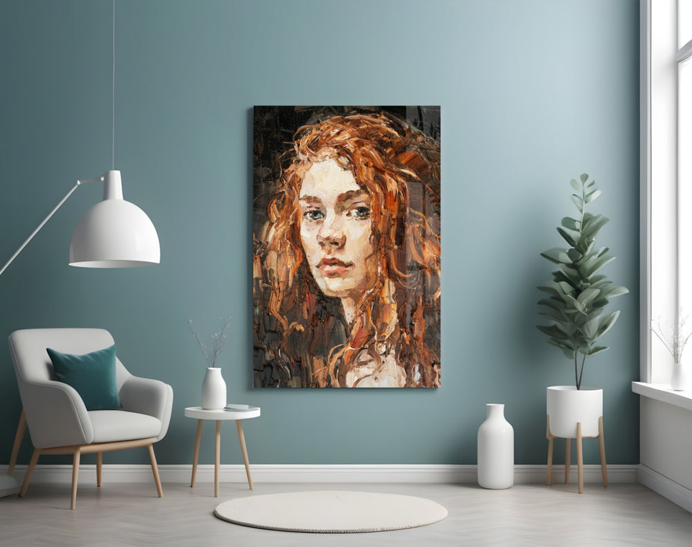 Woman glass wall art styled above a bed in a bedroom