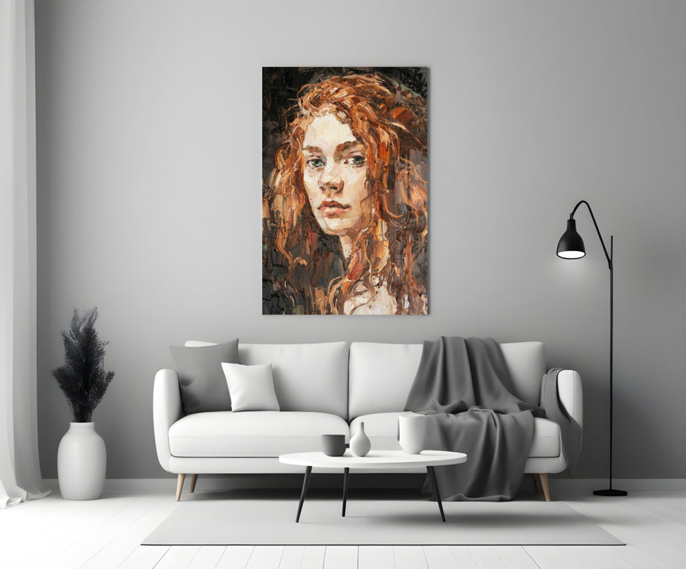 Woman close-up showing copper-haired woman in umber and amber brushstrokes