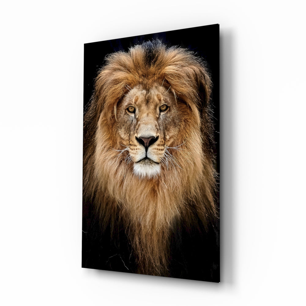 Lion glass wall art displayed beside a leather chesterfield in a slate-walled man cave with reclaimed-wood console and matte-black floor lamp