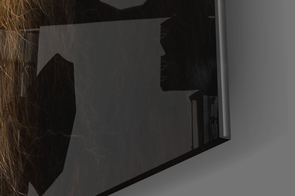 Lion artwork anchoring a wall with dark primal palette