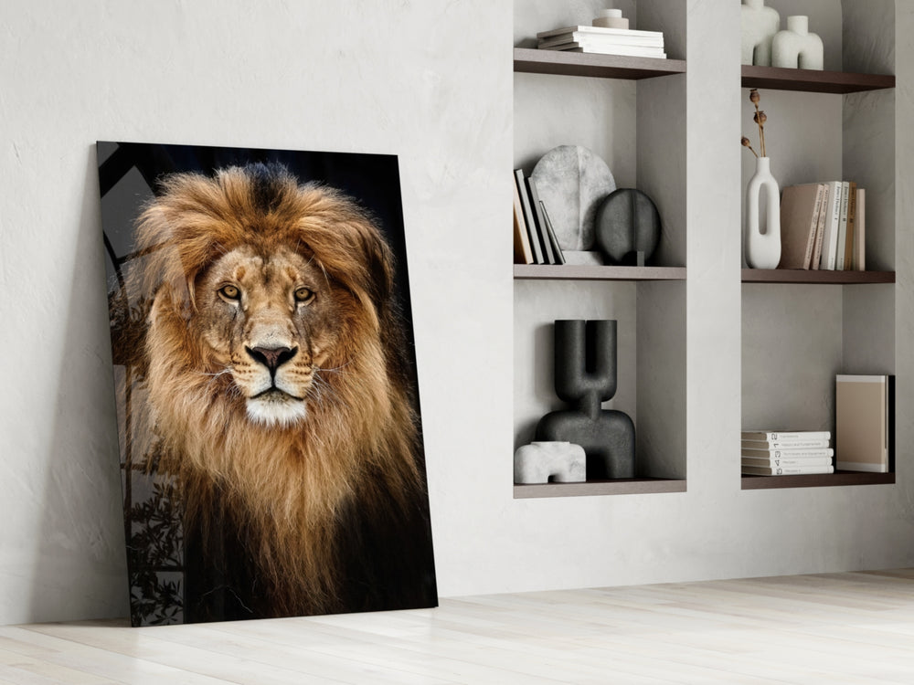 Lion glass print enhancing a living room with cinematic gravity