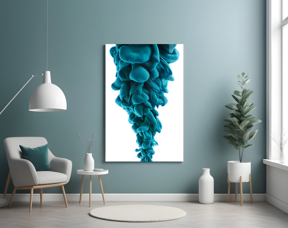 Blue Layers glass wall art styled above a bed in a bedroom