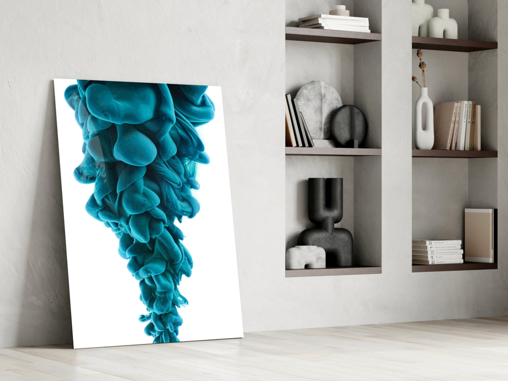 Blue Layers glass print enhancing a living room with cinematic warmth