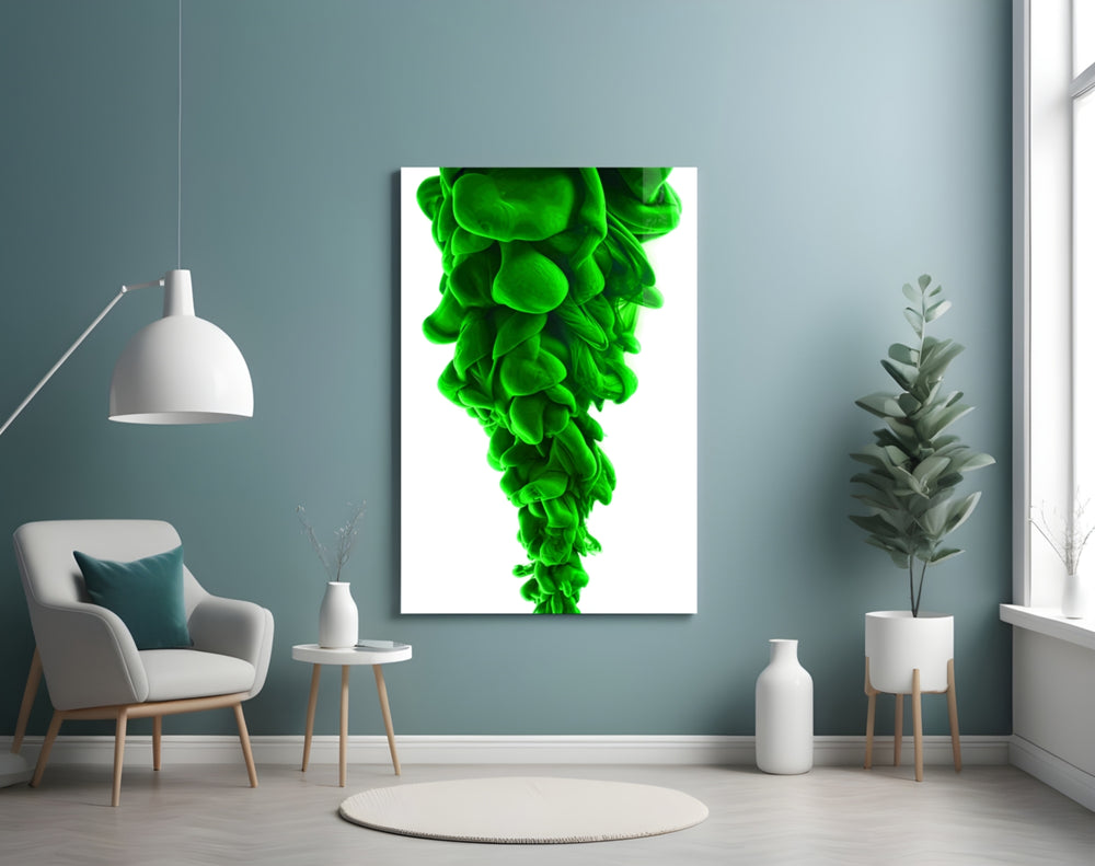 Green Layers glass wall art styled above a bed in a bedroom