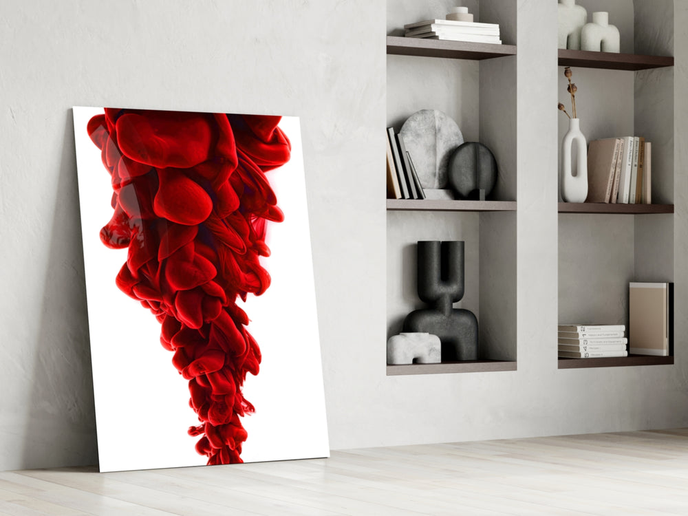 Red Layers glass print enhancing a hallway with cinematic warmth