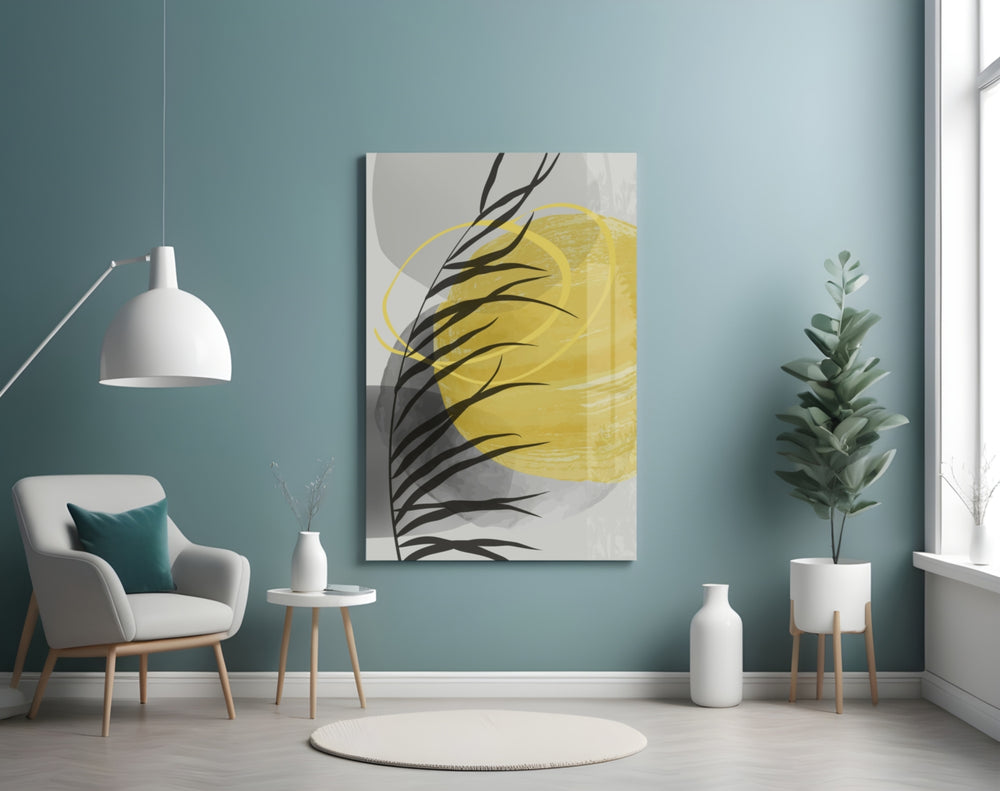 Autumn Yellow glass wall art styled above a bed in a bedroom