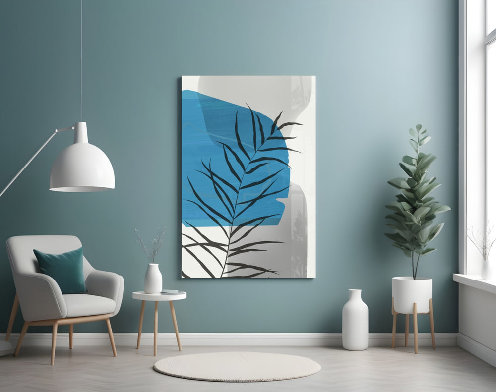 Autumn Blue glass wall art styled above a bed in a bedroom