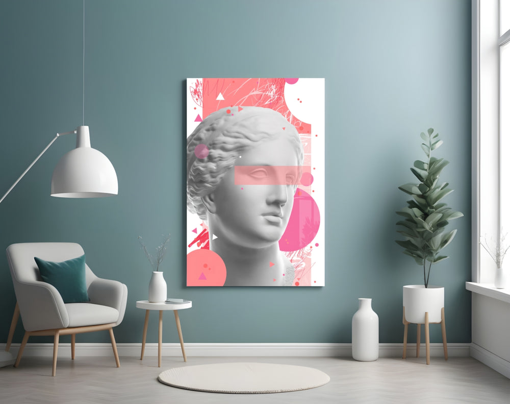 Statue glass wall art styled above a desk in a kids room
