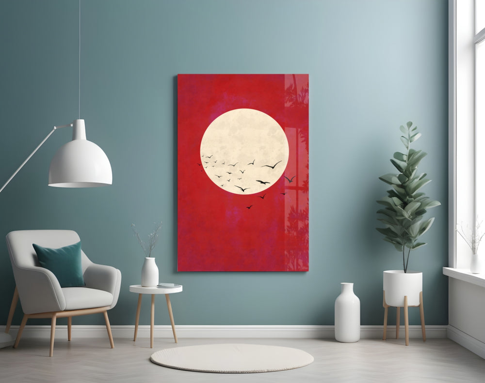 Fly from the Moon glass wall art styled above a console in a hallway