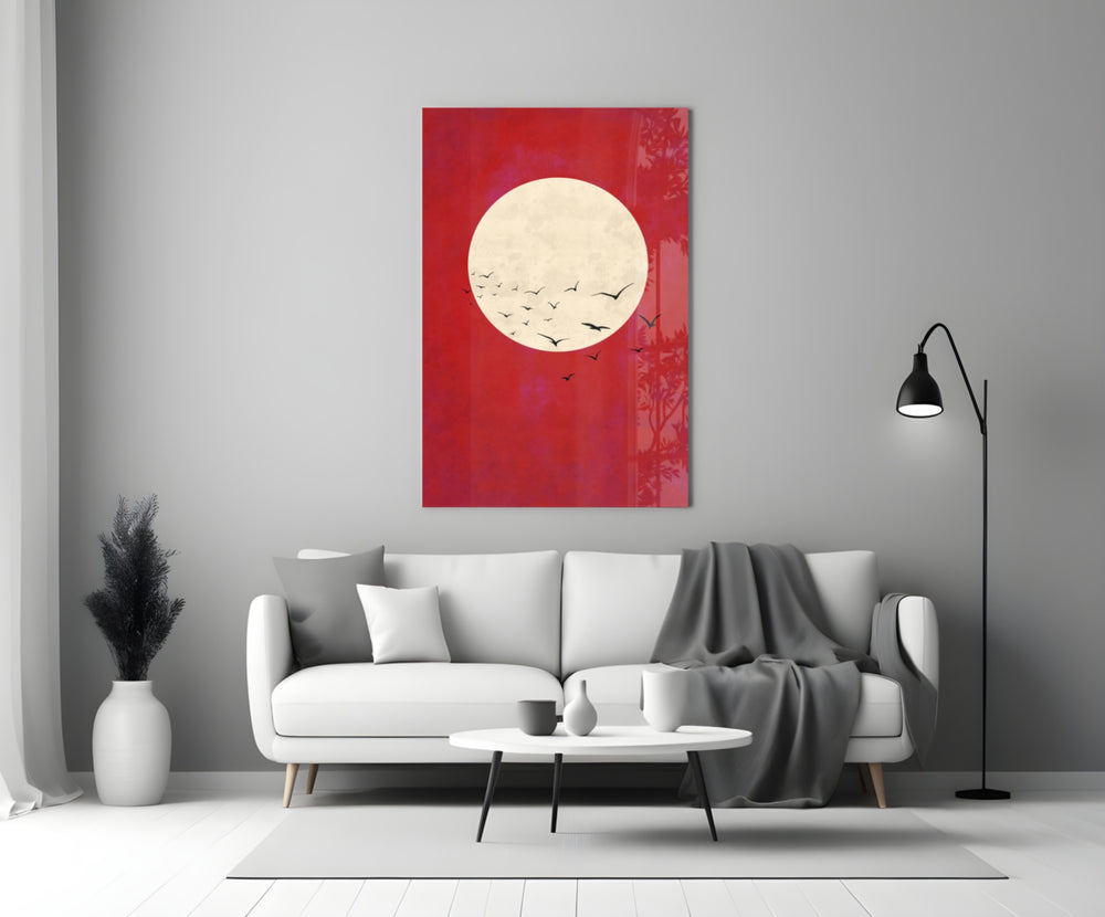 Fly from the Moon close-up showing flock of birds across cream moon on crimson