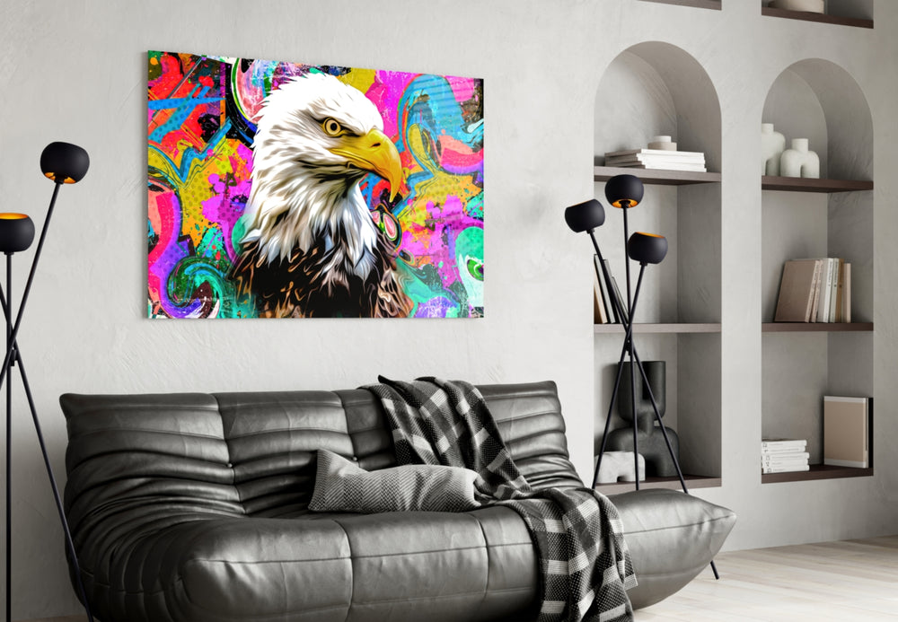 Eagle Eye glass wall art styled above a desk in a kids room
