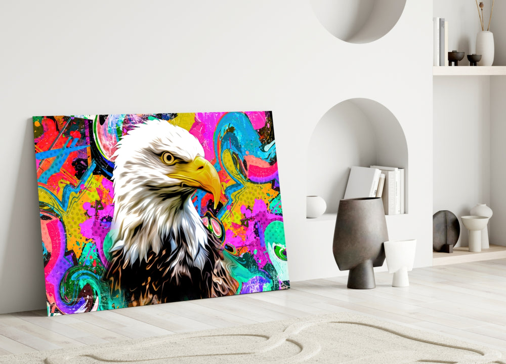 Eagle Eye close-up showing bald eagle profile amid neon splatter swirls