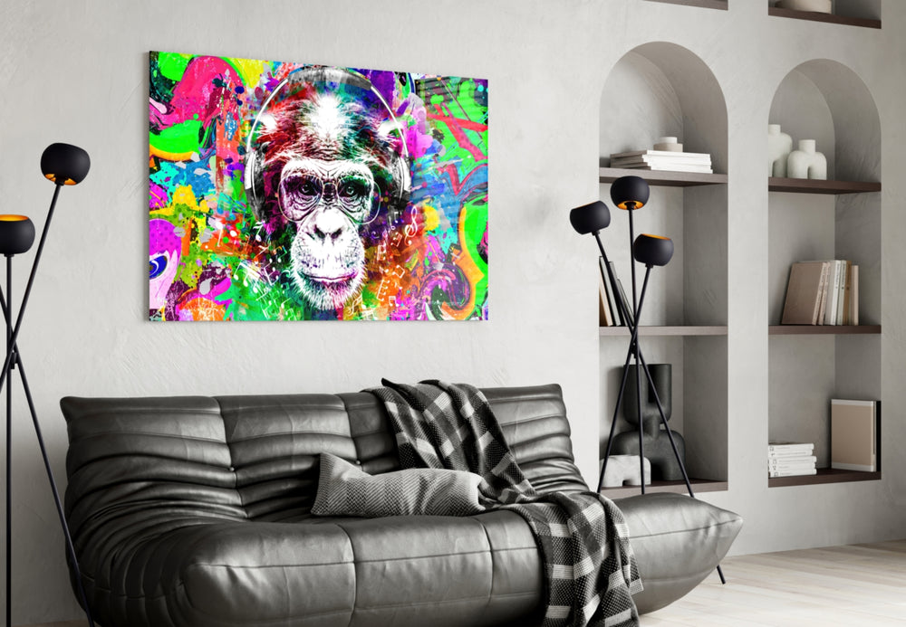 Monkey Face glass wall art styled above a desk in a kids room