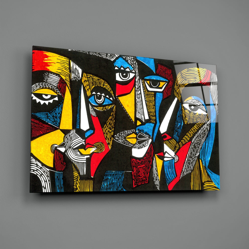 Cubist-collage panel bringing dramatic gravity to a contemporary lounge