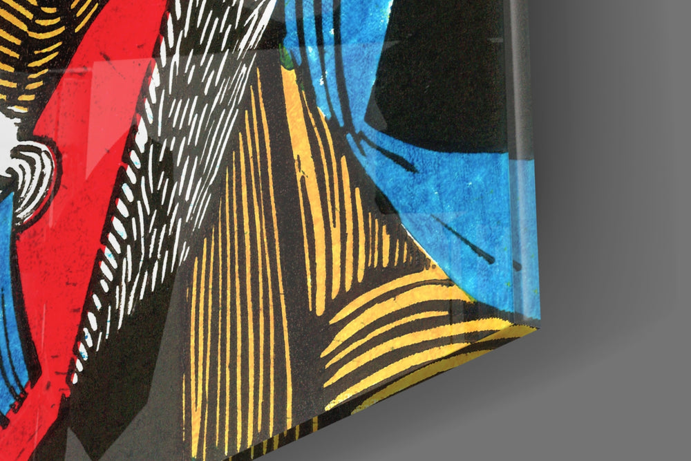 Faces artwork anchoring a wall with bold classical palette