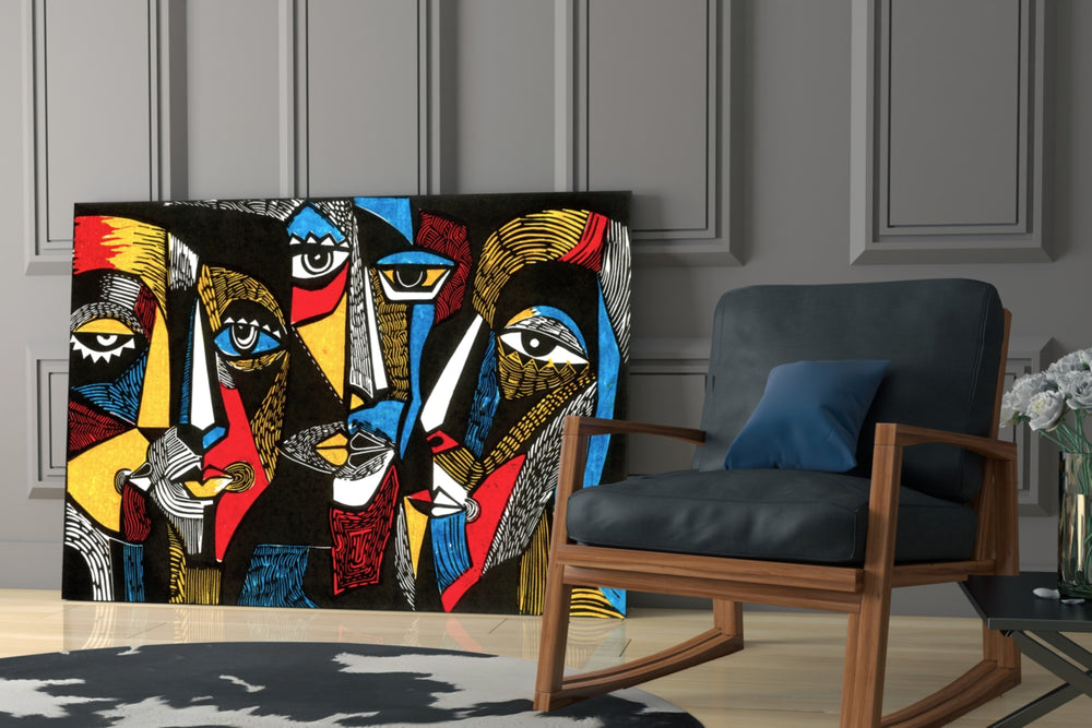Faces glass print enhancing an office with cinematic drama