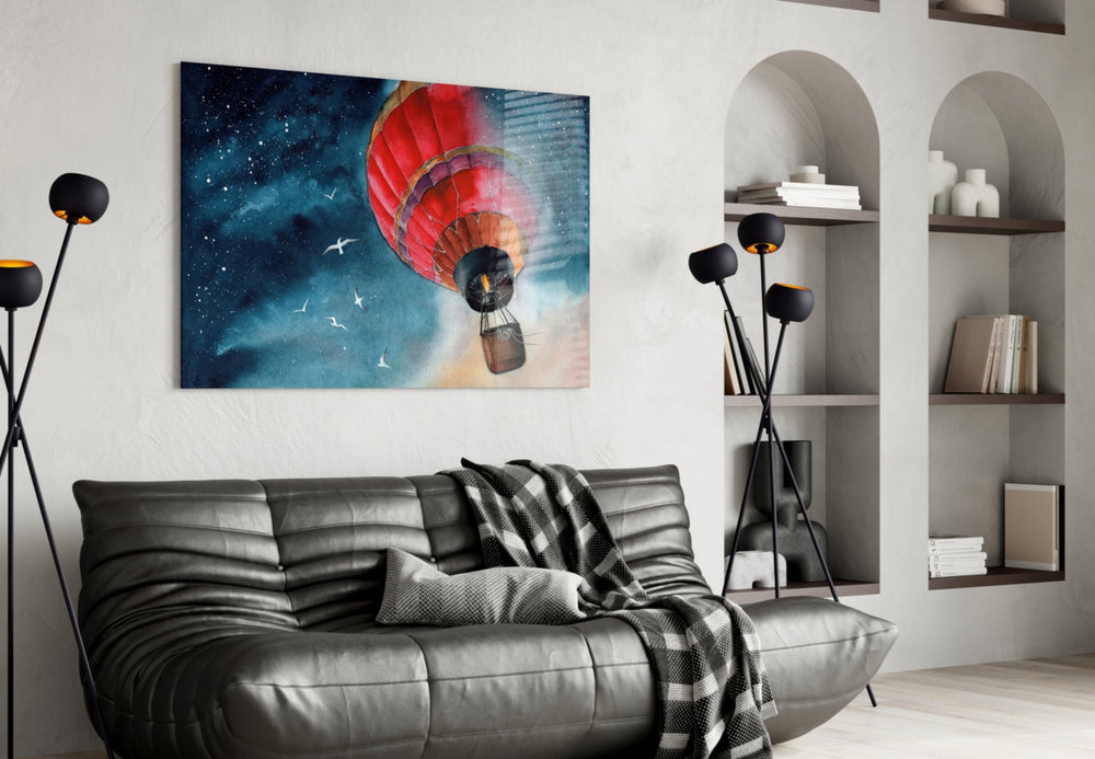 Baloon to the Moon glass wall art styled above a bed in a kids room