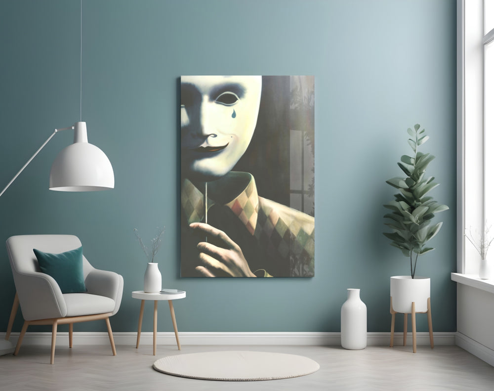 Mask the Sadness glass wall art styled above a console in a hallway