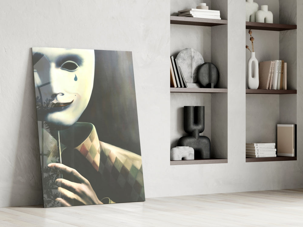 Mask the Sadness glass print enhancing an office with cinematic gravity
