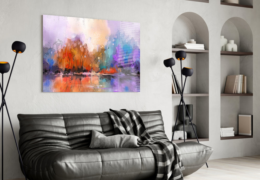 Lake View glass wall art styled above a sideboard in a dining room
