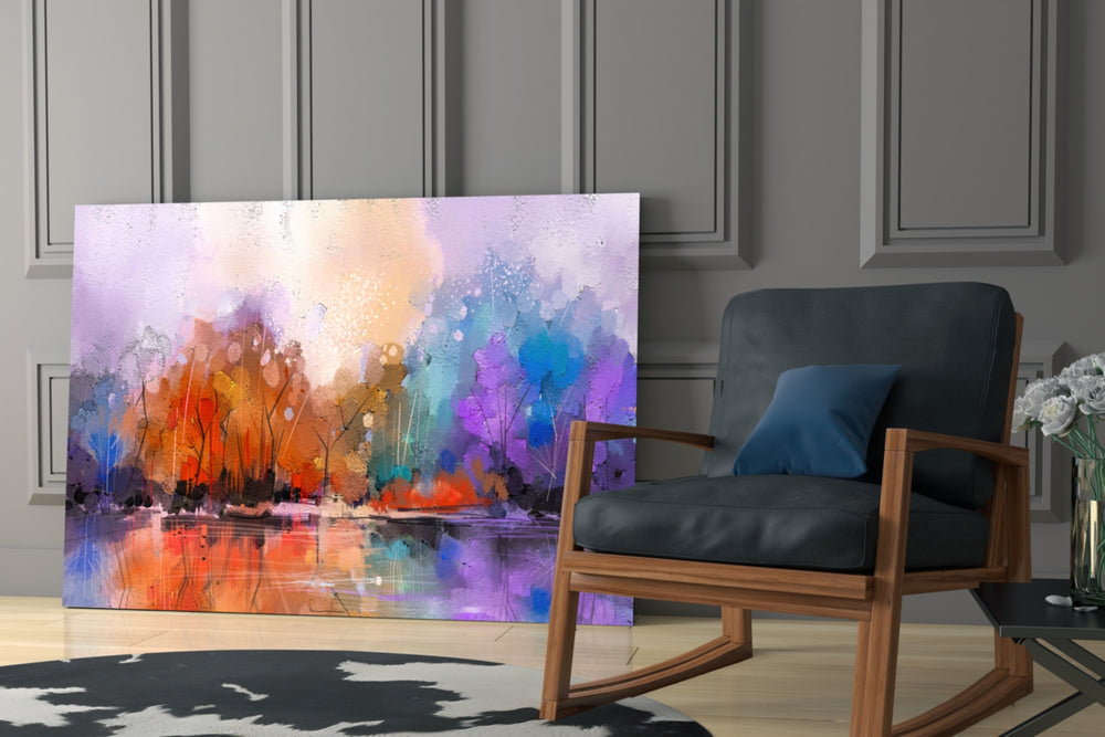 Lake View glass print enhancing a bedroom with cinematic warmth
