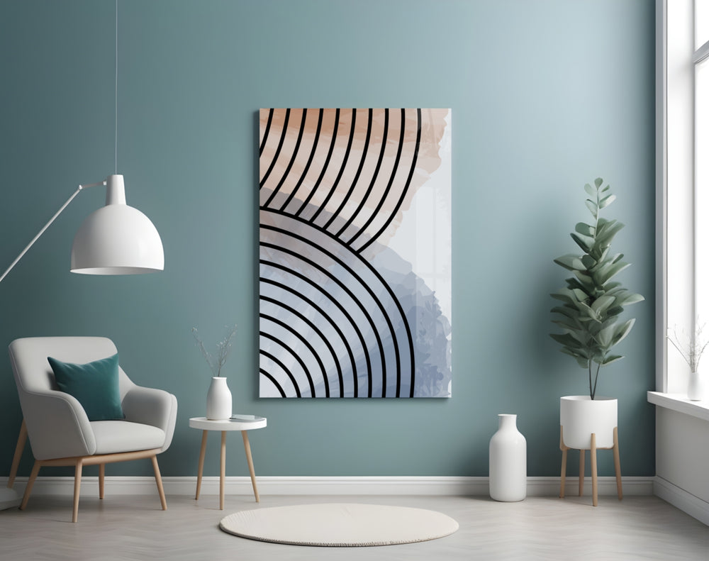 Lines of Waves glass wall art styled above a bed in a bedroom