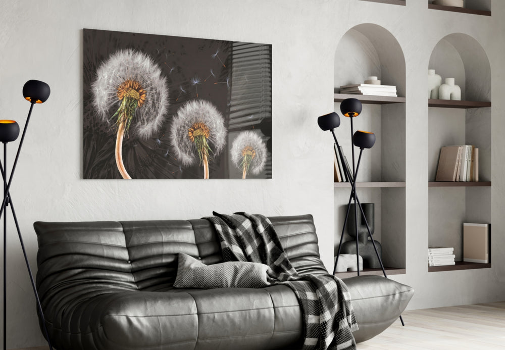 Dandelions glass wall art styled above a bed in a bedroom