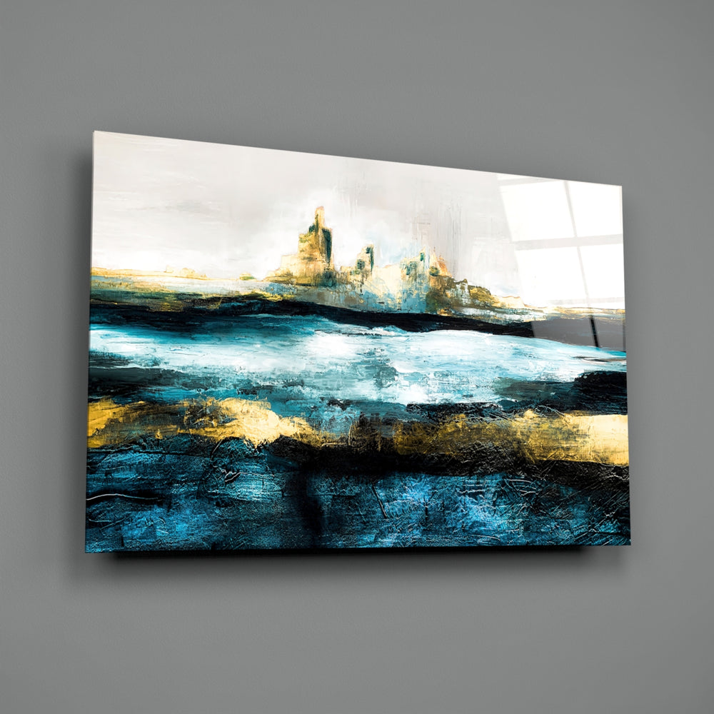 Painterly-abstract-seascape panel bringing luxe gravity to a contemporary dining room