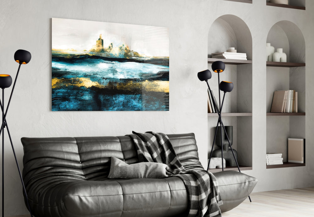 Sea of a Dream glass wall art styled above a sideboard in a dining room