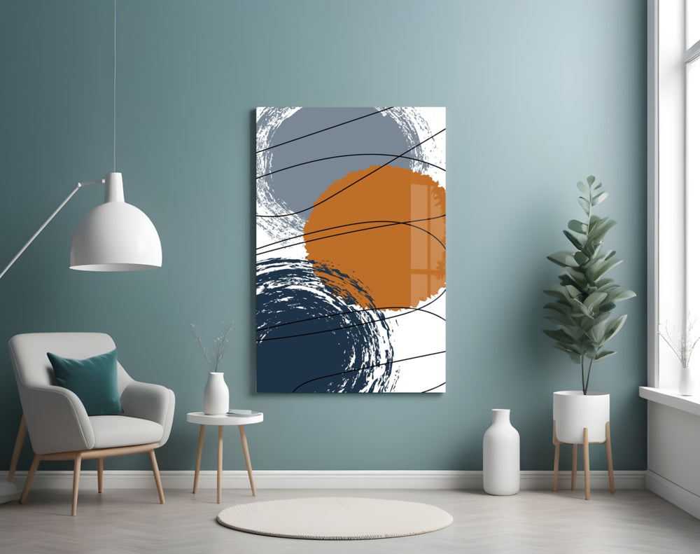 Chaotic glass wall art styled above a desk in an office
