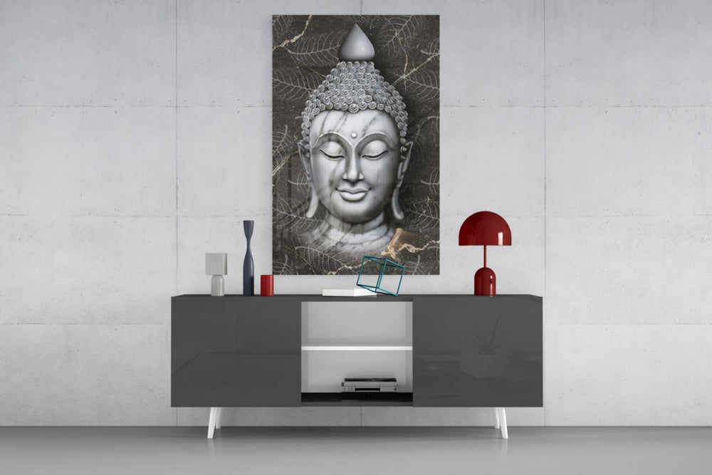Buddha panel catching low light to reveal its serene gravity