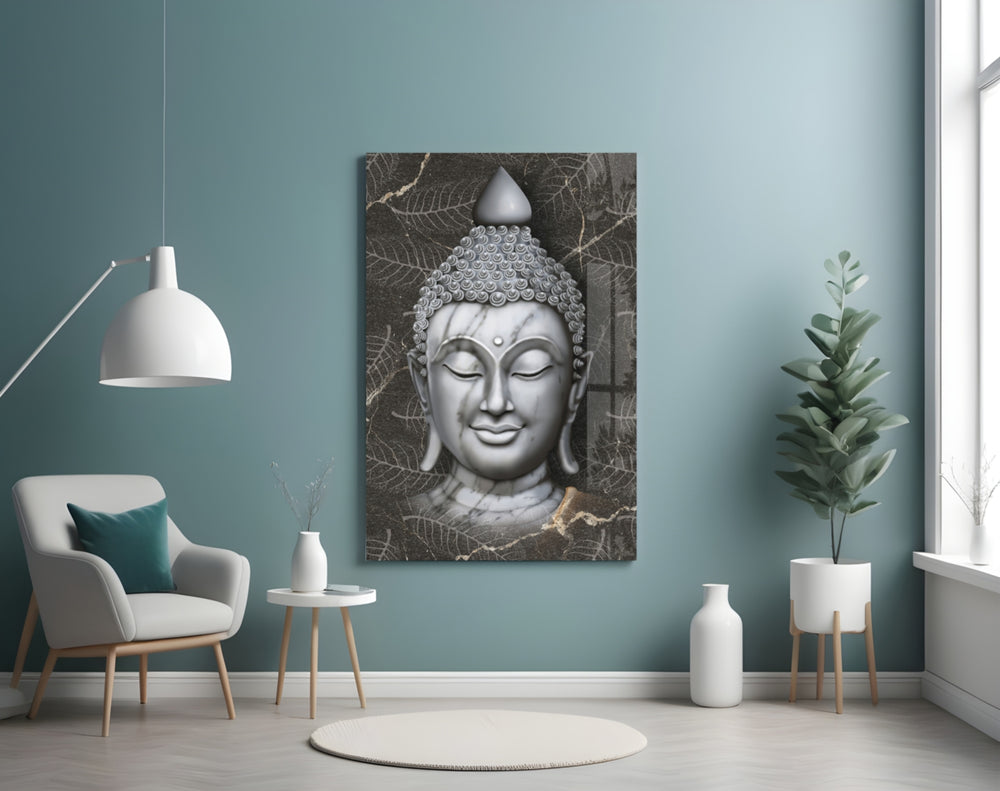 Buddha glass wall art styled above a bed in a bedroom