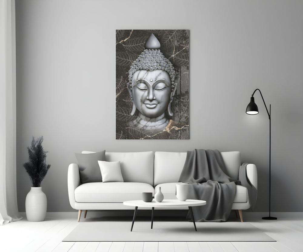 Buddha close-up showing marble bust with leaf-vein imprints on charcoal field