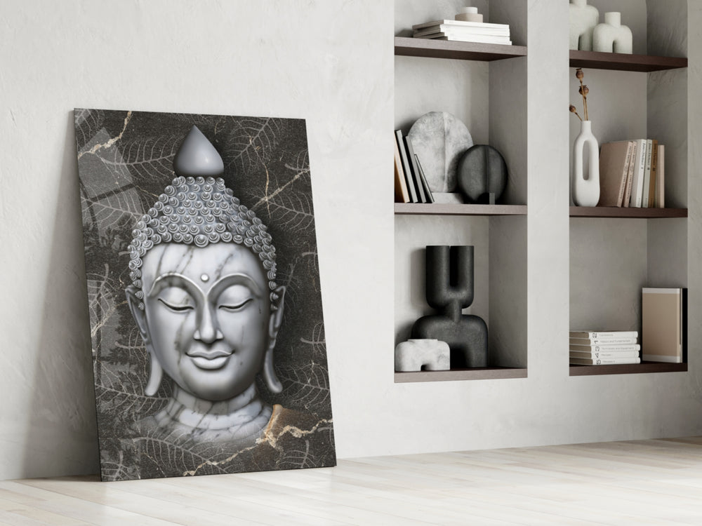 Buddha glass print enhancing a living room with cinematic warmth