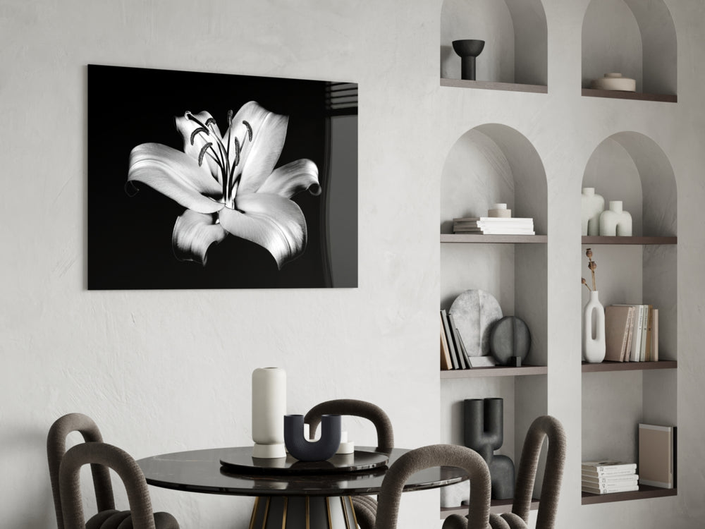 Lilies panel adding editorial mood to a bathroom