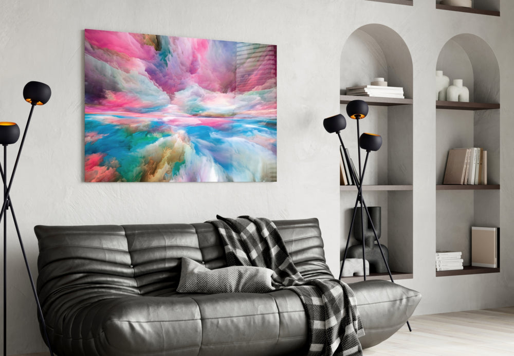 Clouds of a Dream glass wall art styled above a bed in a kids room