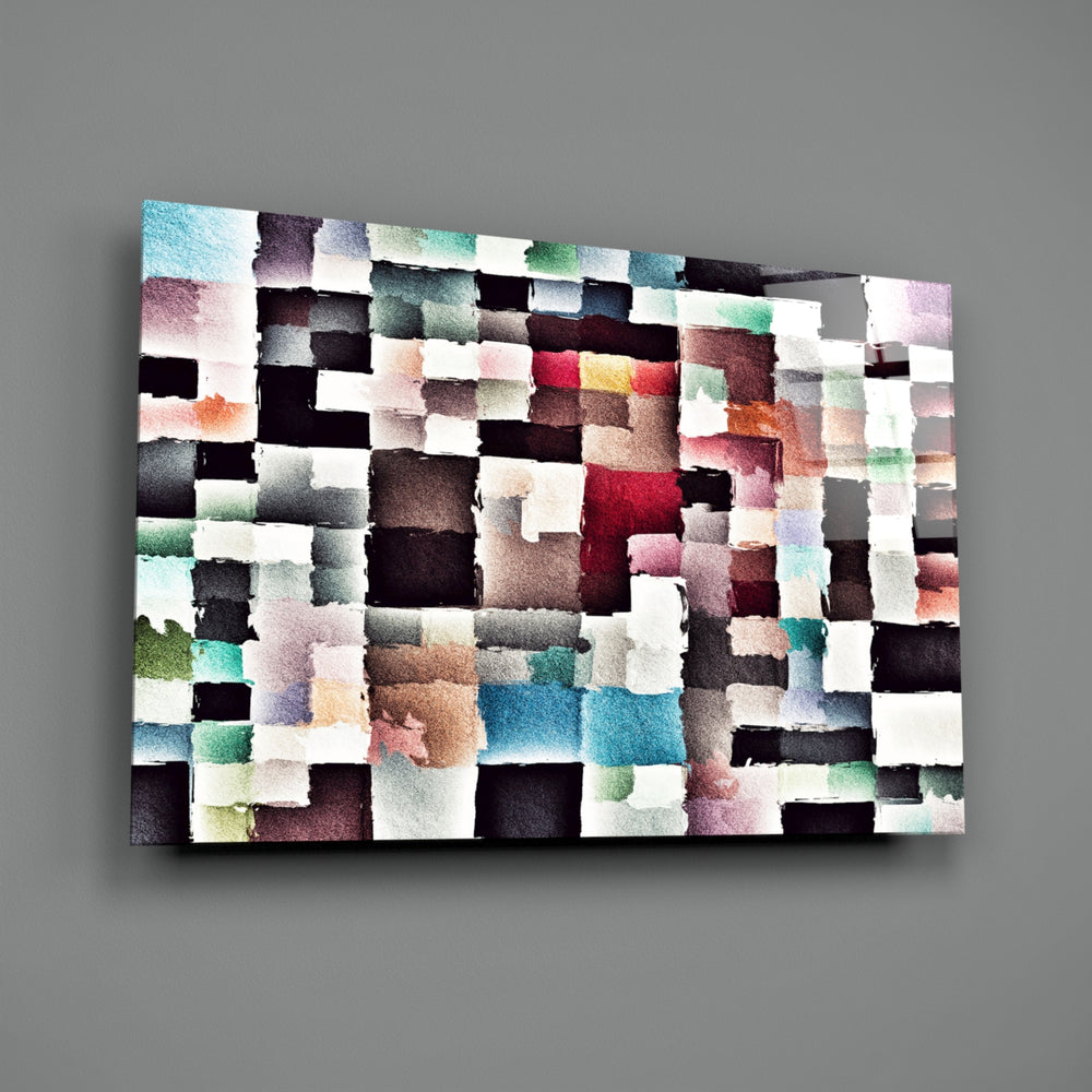 Watercolor-grid panel bringing layered depth to a contemporary lounge
