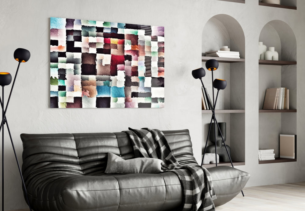 Images of Subconsciousness glass wall art styled above a console in a hallway