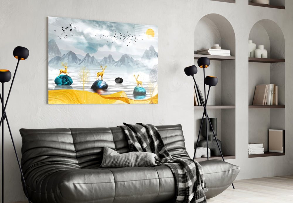 Lake of a Dream glass wall art styled above a sideboard in a dining room