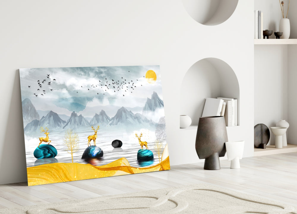Lake of a Dream close-up showing golden deer on teal stones beneath misty mountains