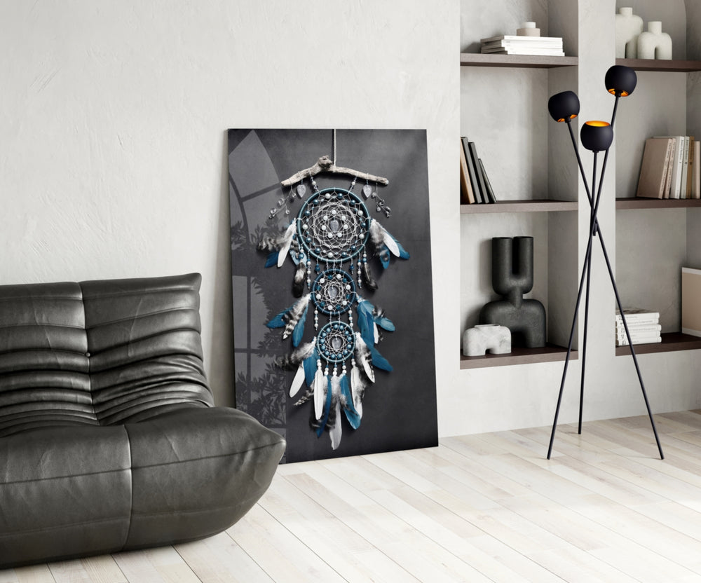 Dreamcatcher panel adding editorial calm to a hallway
