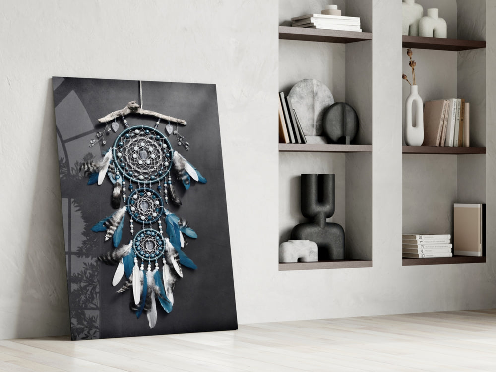 Dreamcatcher glass print enhancing a living room with cinematic warmth