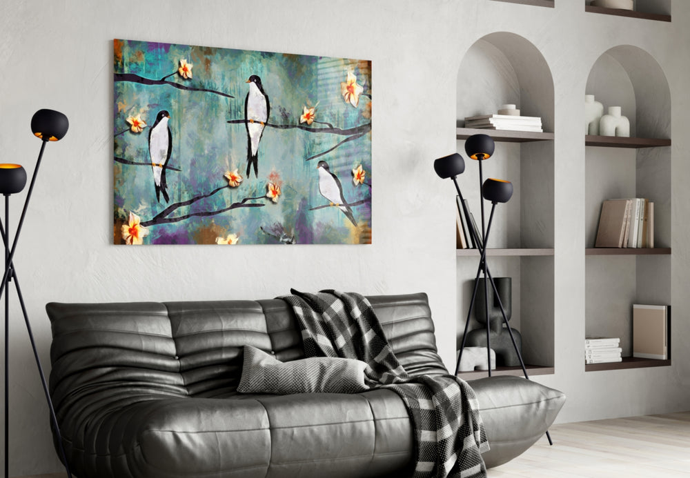 Birds of a Dream glass wall art styled above a bed in a bedroom