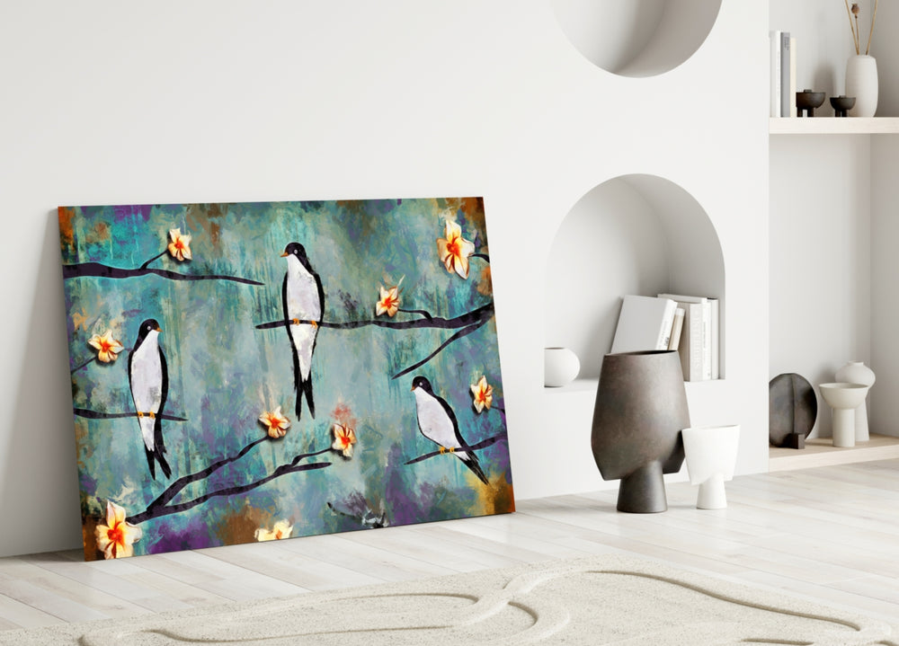 Birds of a Dream close-up showing three swallows on branches with apricot blossoms