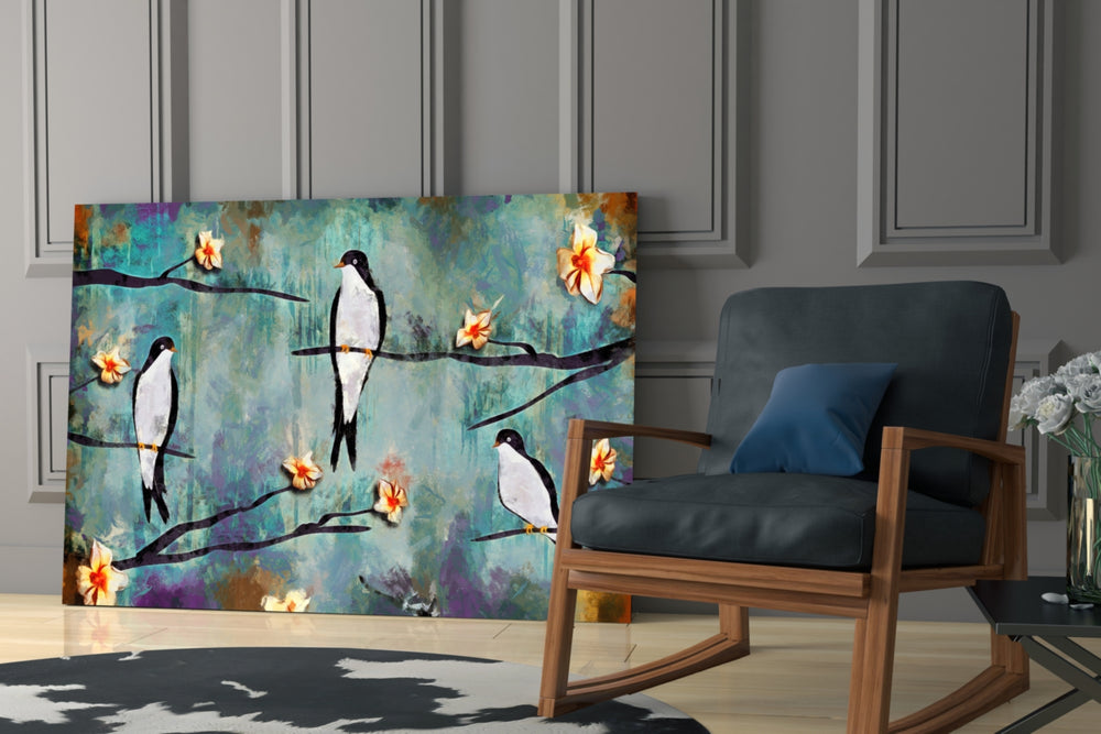 Birds of a Dream glass print enhancing a living room with cinematic warmth