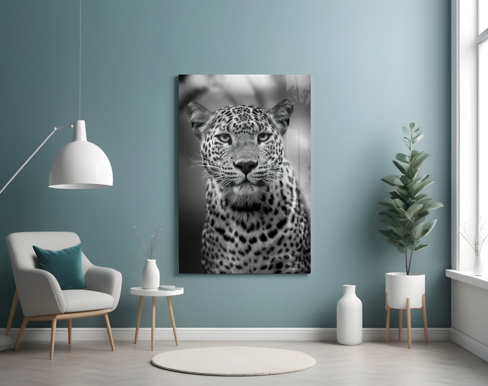 Leopard glass wall art styled above a desk in an office
