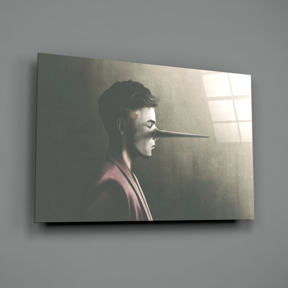 Surreal-portrait panel bringing conceptual gravity to a contemporary office
