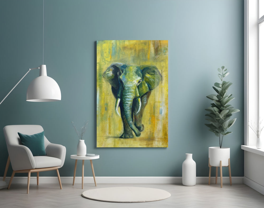 Elephant glass wall art styled above a sofa in a living room